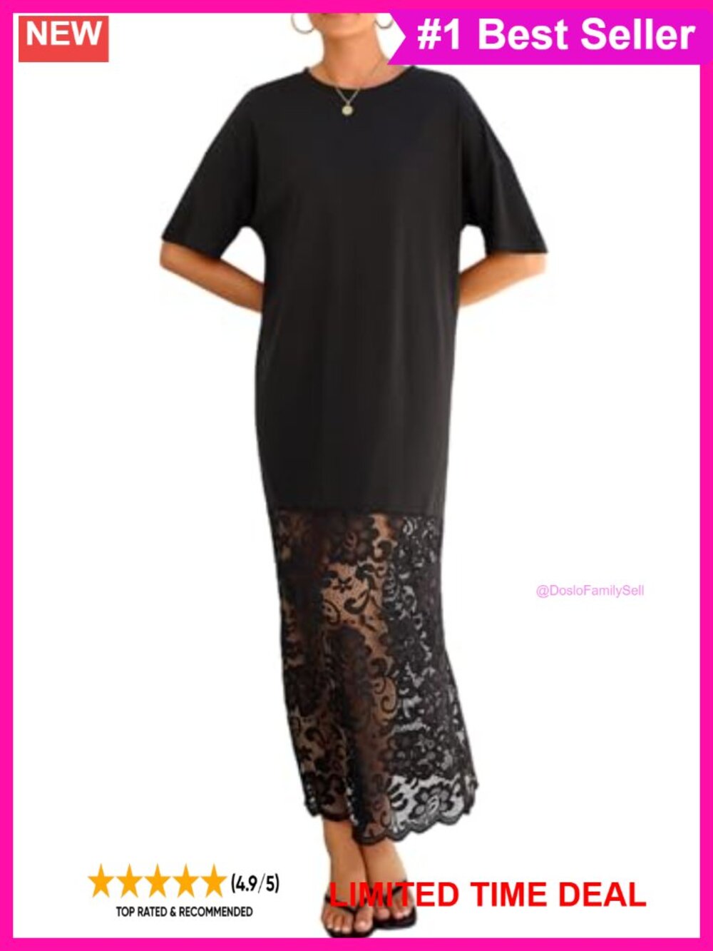 Womens Short Sleeve Lace Patchwork Crew Neck Maxi Dress Casual Summer Shift